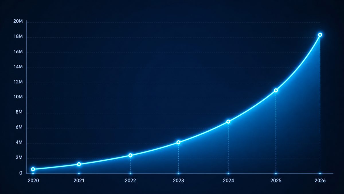 17.c用户增长数据图表,展示2020-2026年注册用户从50万增长至1800万的趋势